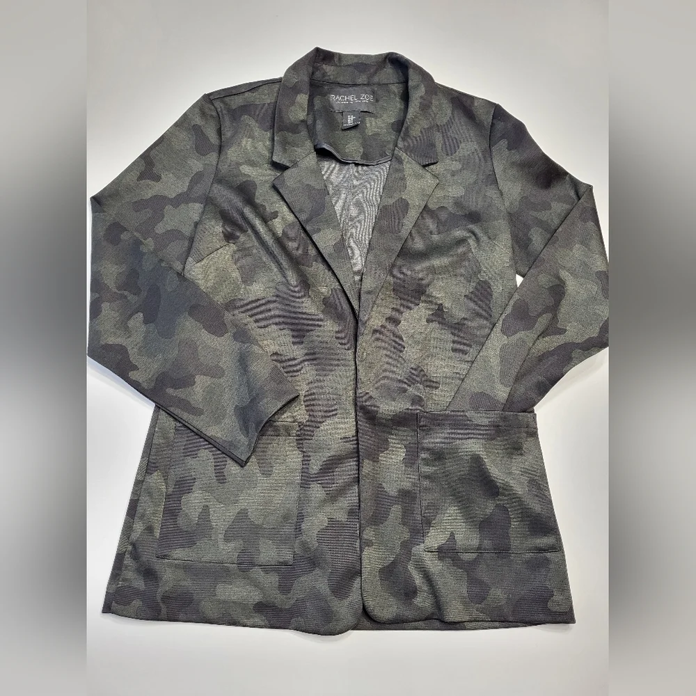 Rachel Zoe Women's Medium Black Green Camo Open Front Casual Blazer Jacket EUC